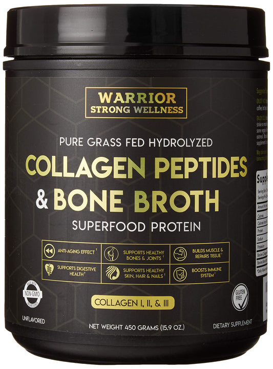 Jar of Warrior Strong Wellness collagen peptides and bone broth powder, grass-fed, unflavored.