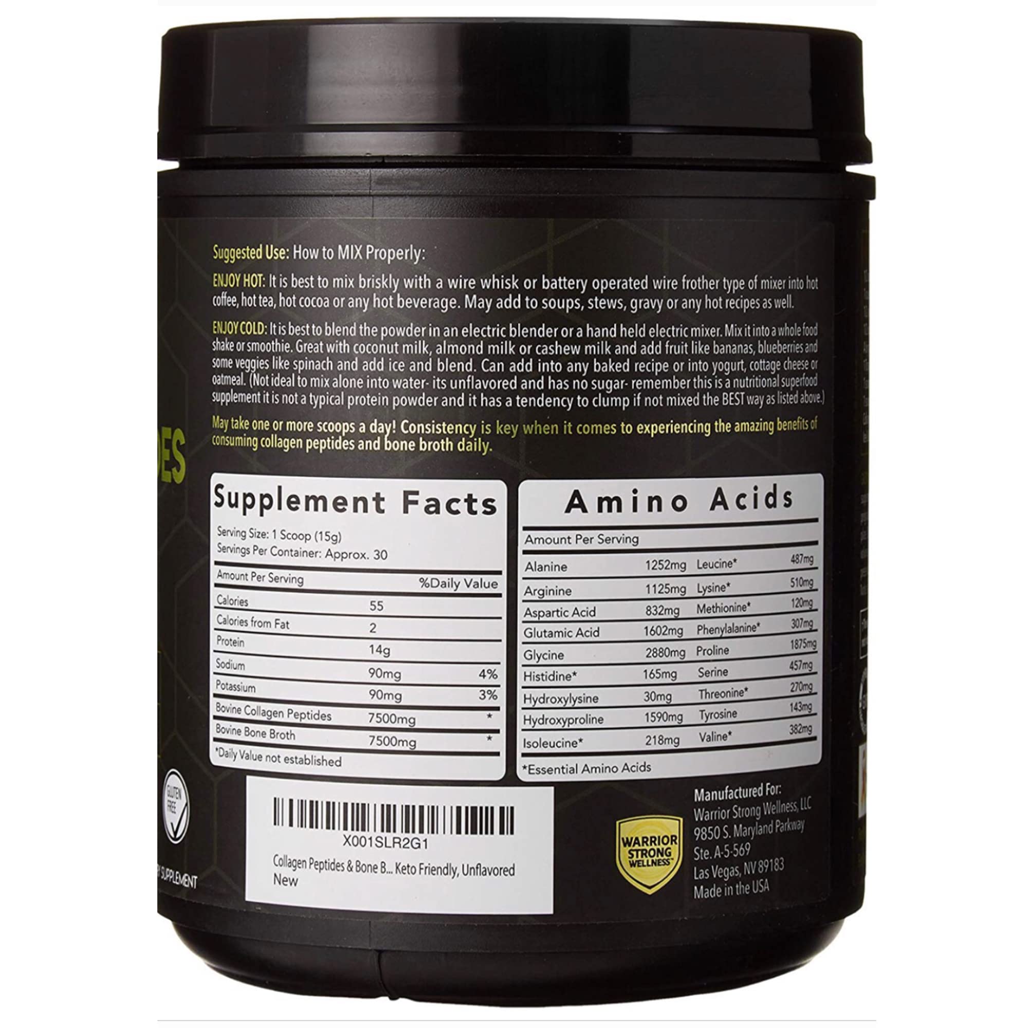 Label highlighting types I, II, III collagen in the Warrior Strong powder.