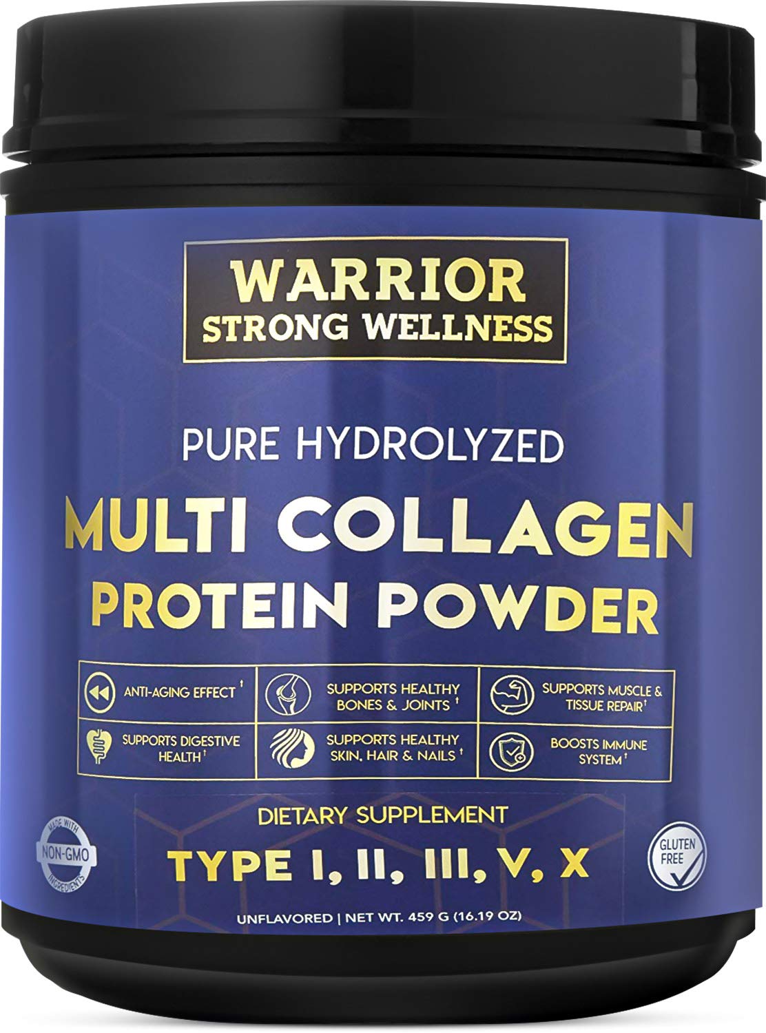 Front view of Warrior Strong Wellness unflavored collagen powder jar
