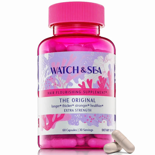 Watch & Sea Hair Flourishing Capsules bottle on white background