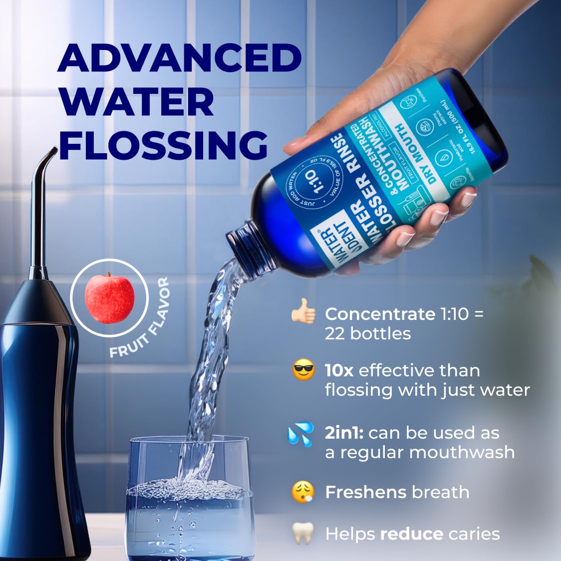 Pouring concentrated rinse into water flosser
