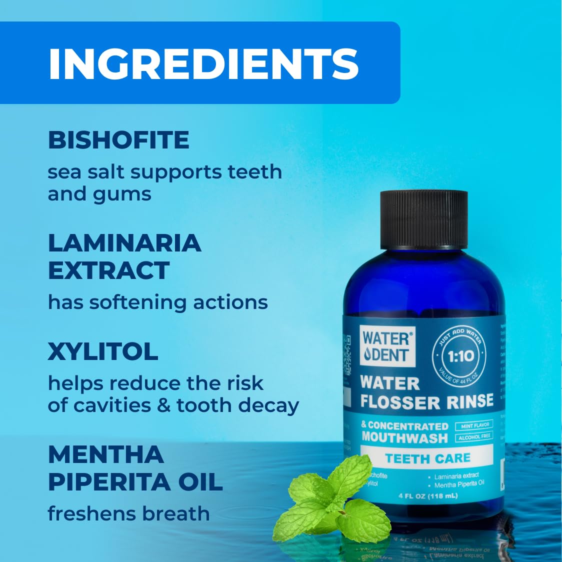 Mint flavor Water Dent bottle label