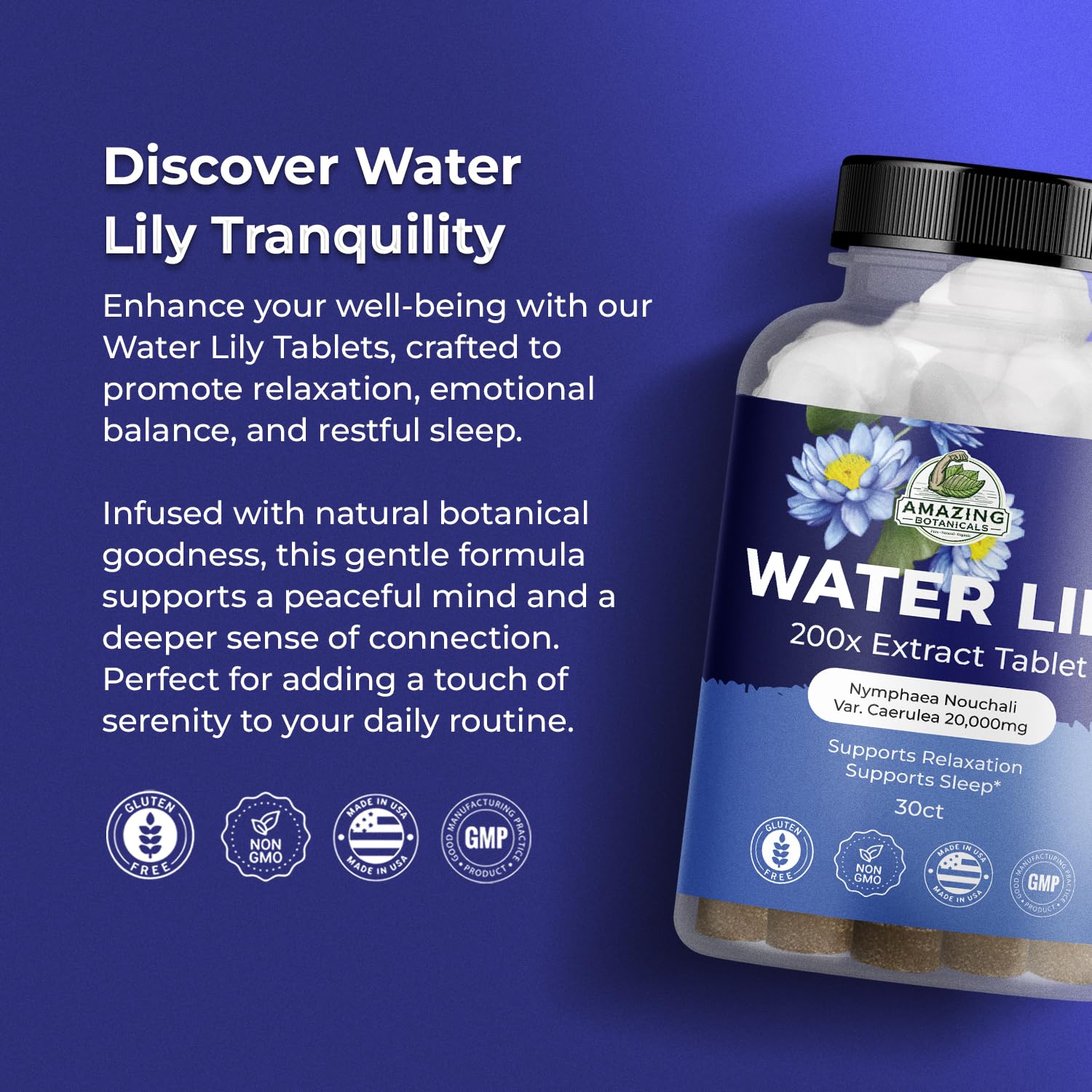 Ingredients and supplement facts chart for Water Lily tablets