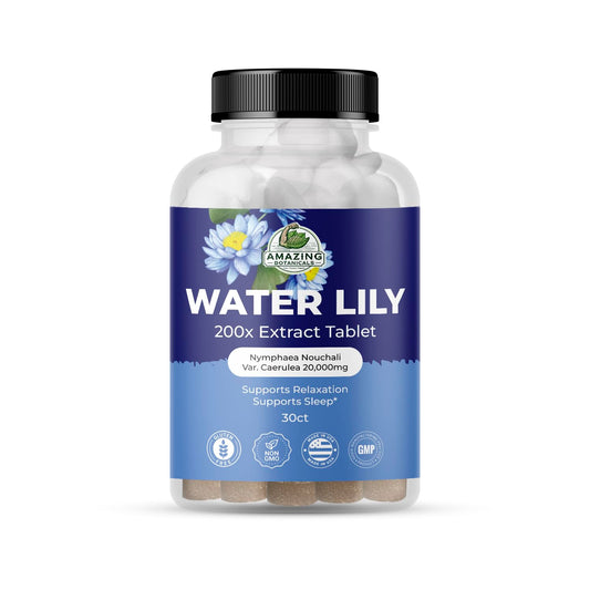 Bottle of Amazing Botanicals Water Lily 200X Extract Tablets front view