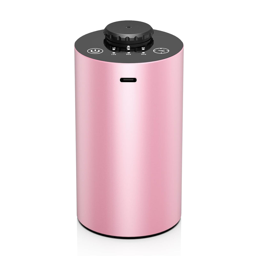 Waterless battery-operated car diffuser in black aluminum alloy with pink accent