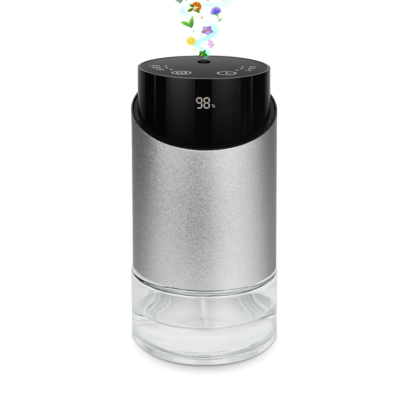 Waterless essential oil diffuser with cylindrical metal body and glass base.
