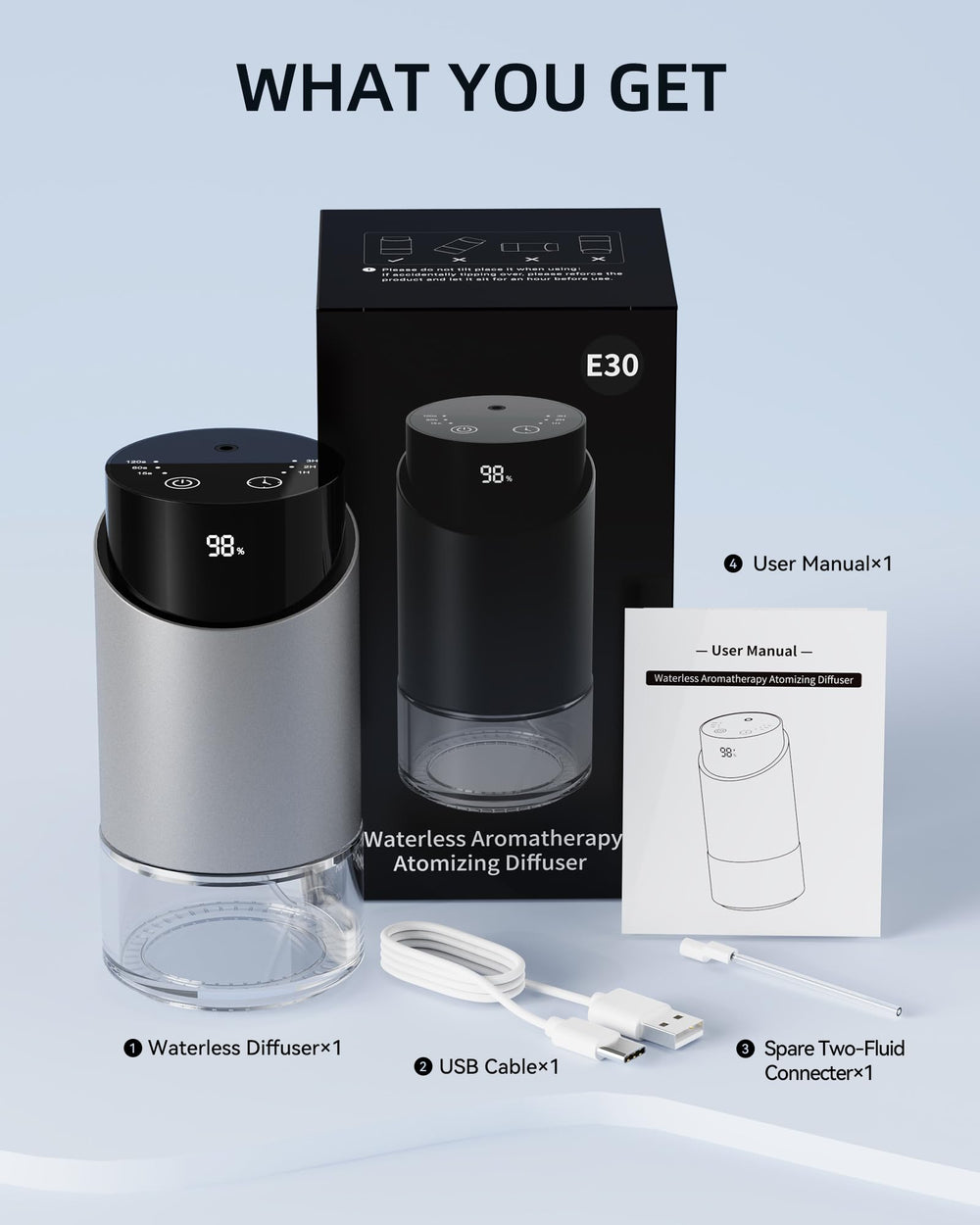 100ml glass reservoir with auto 45-degree spill-protection feature.