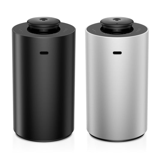 Two-pack waterless essential oil diffusers in black and silver metal finish.