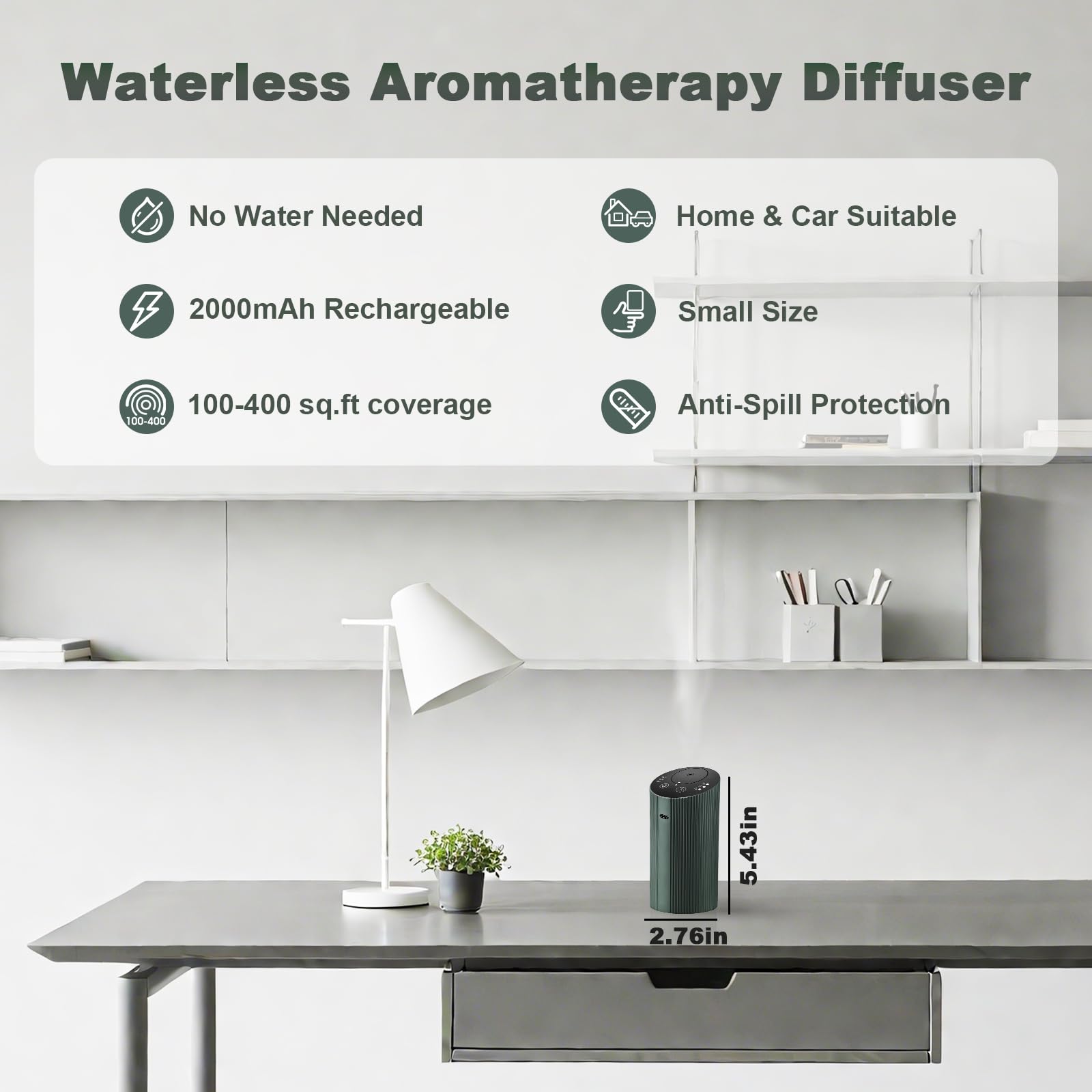 Dark green waterless diffuser showing mist levels L/M/H