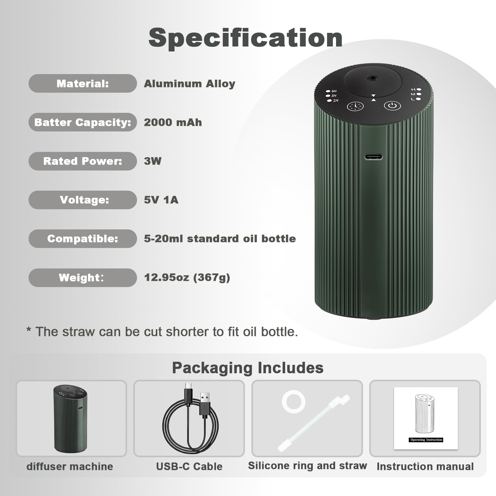 Compact silent diffuser in dark green for travel