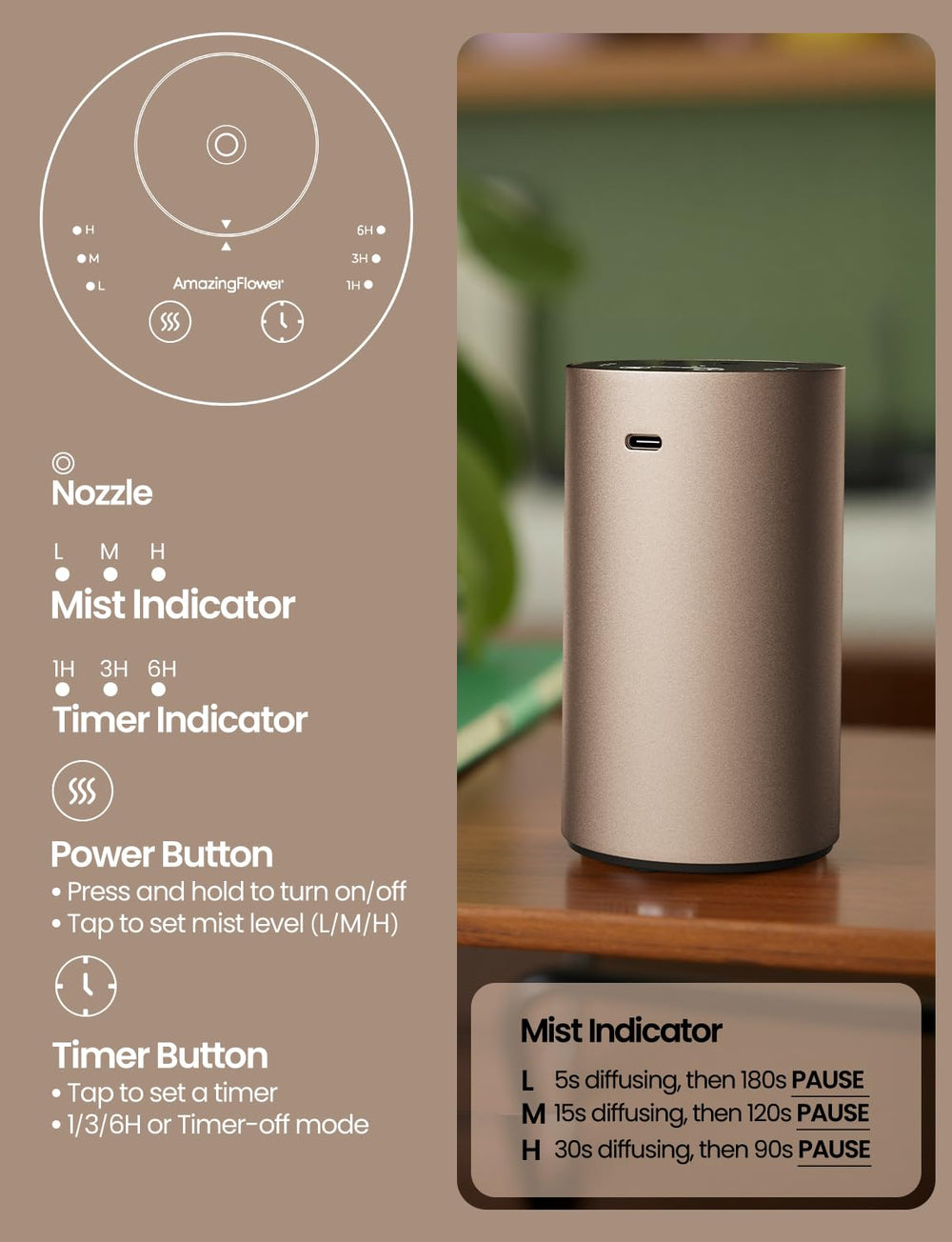 Portable cordless diffuser on a desk showing 3 mist levels