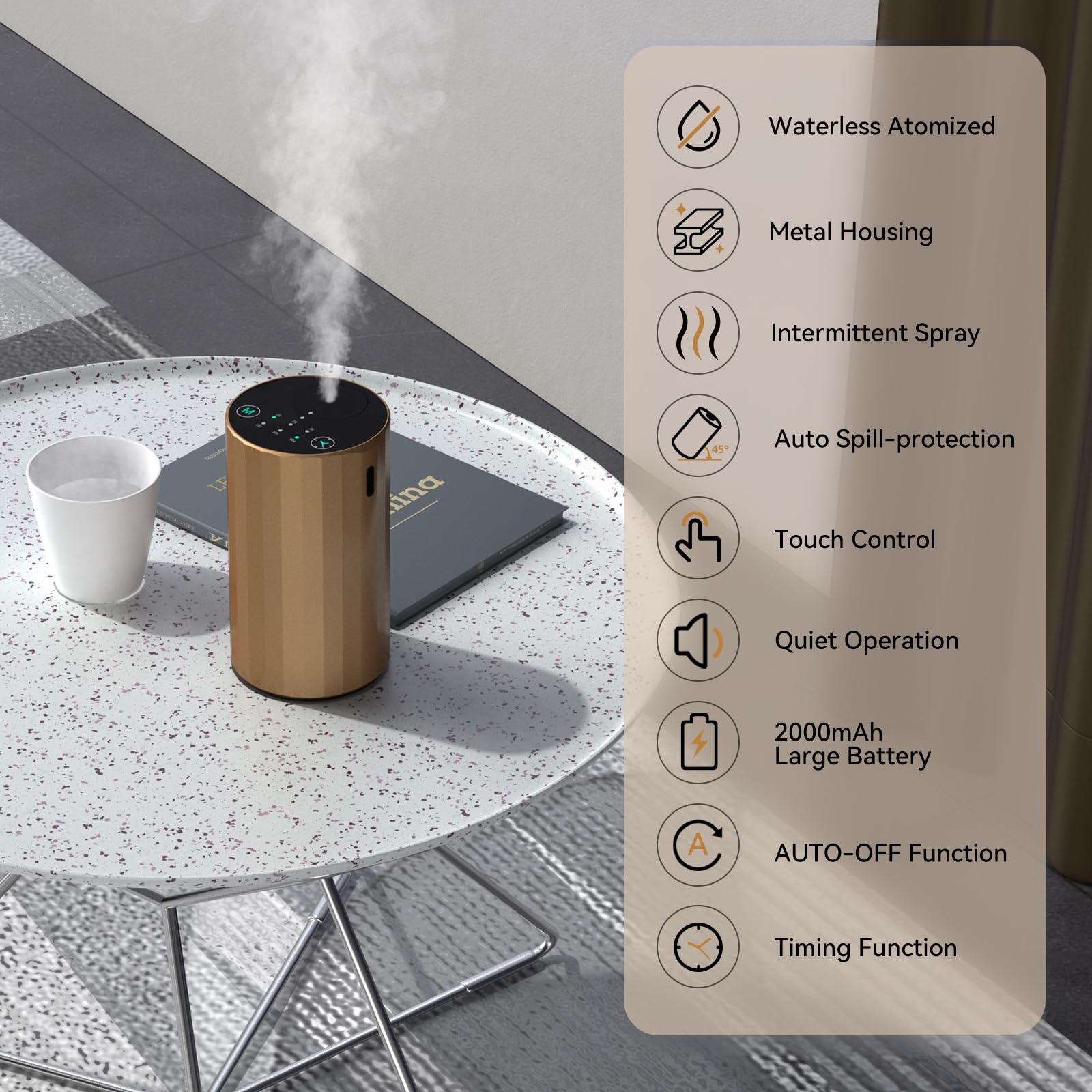 Diffuser showing USB-C charging and battery life indicators
