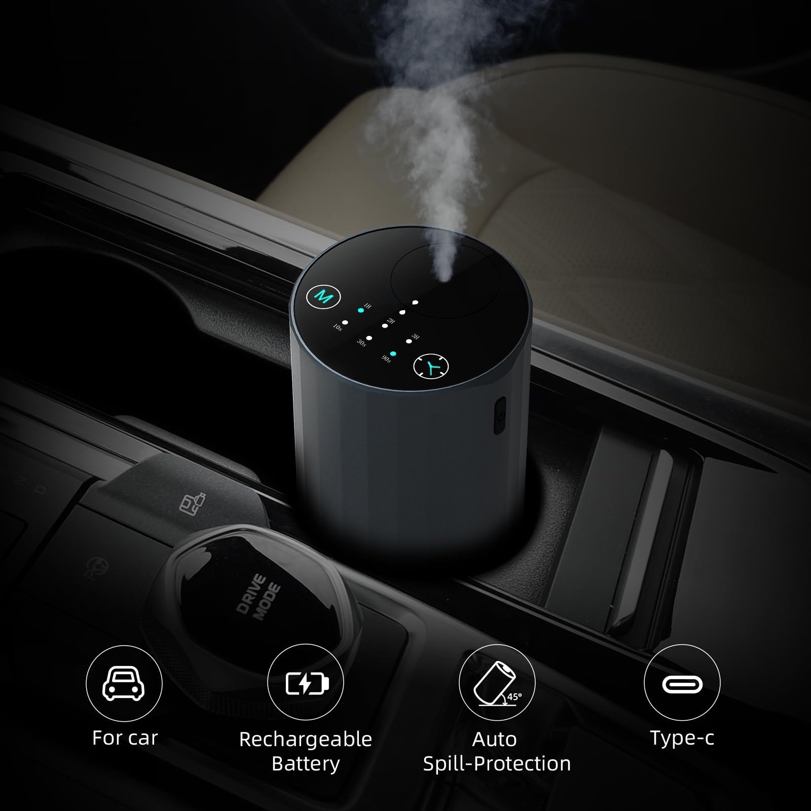 Lifestyle shot of the grey waterless diffuser in a living room