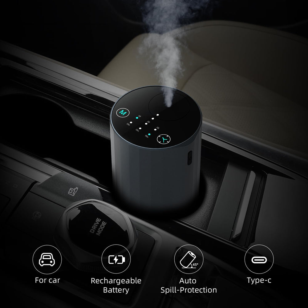 Lifestyle shot of the grey waterless diffuser in a living room