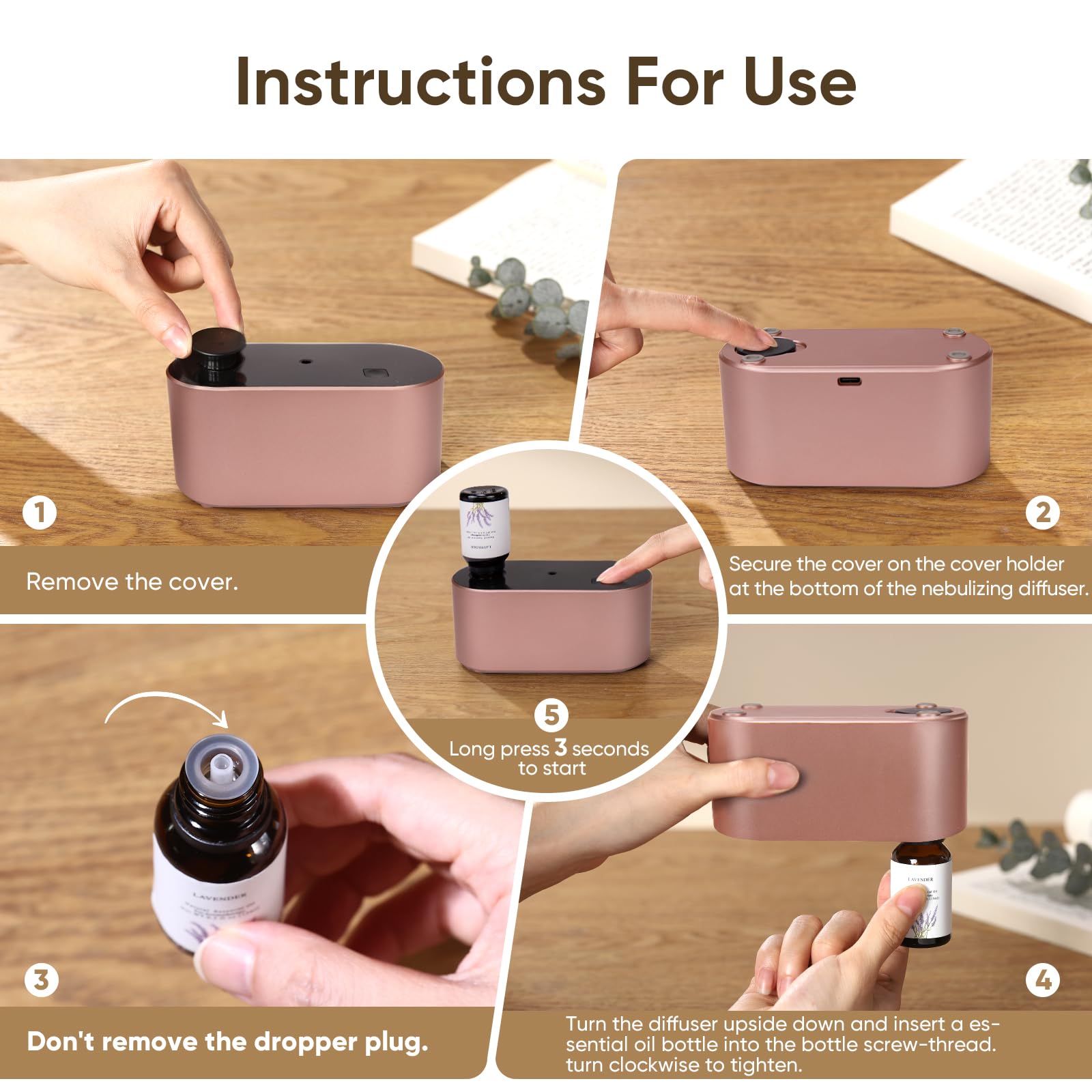 Rose gold waterless diffuser packaging and accessories