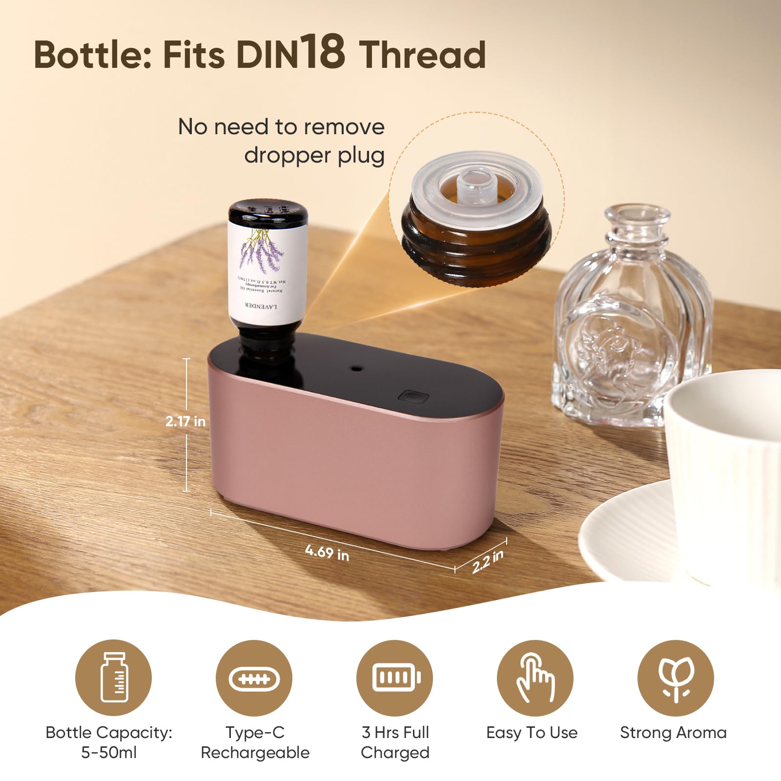 Rose gold waterless essential oil diffuser side view
