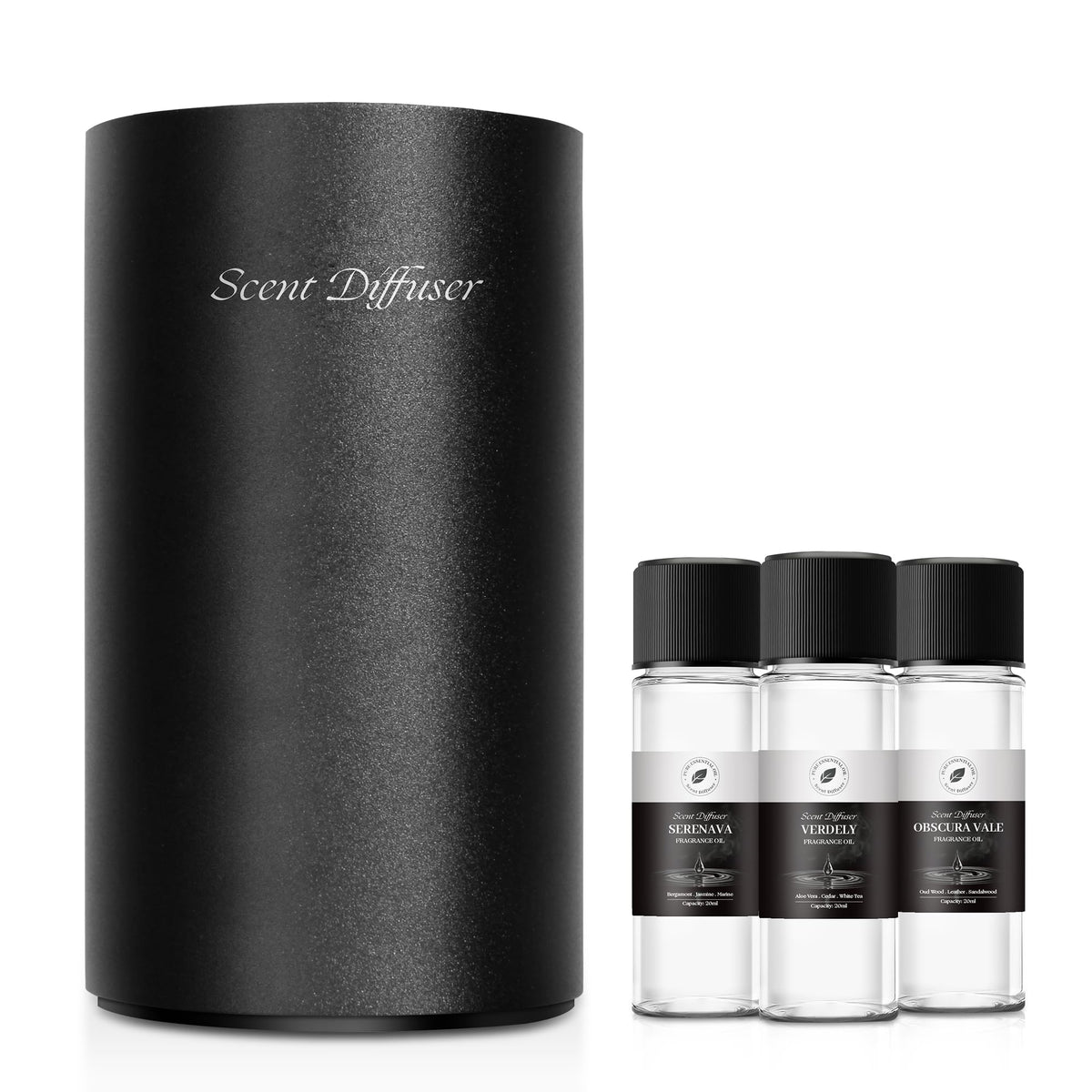 Waterless essential oil diffuser starter kit in matte black aluminum