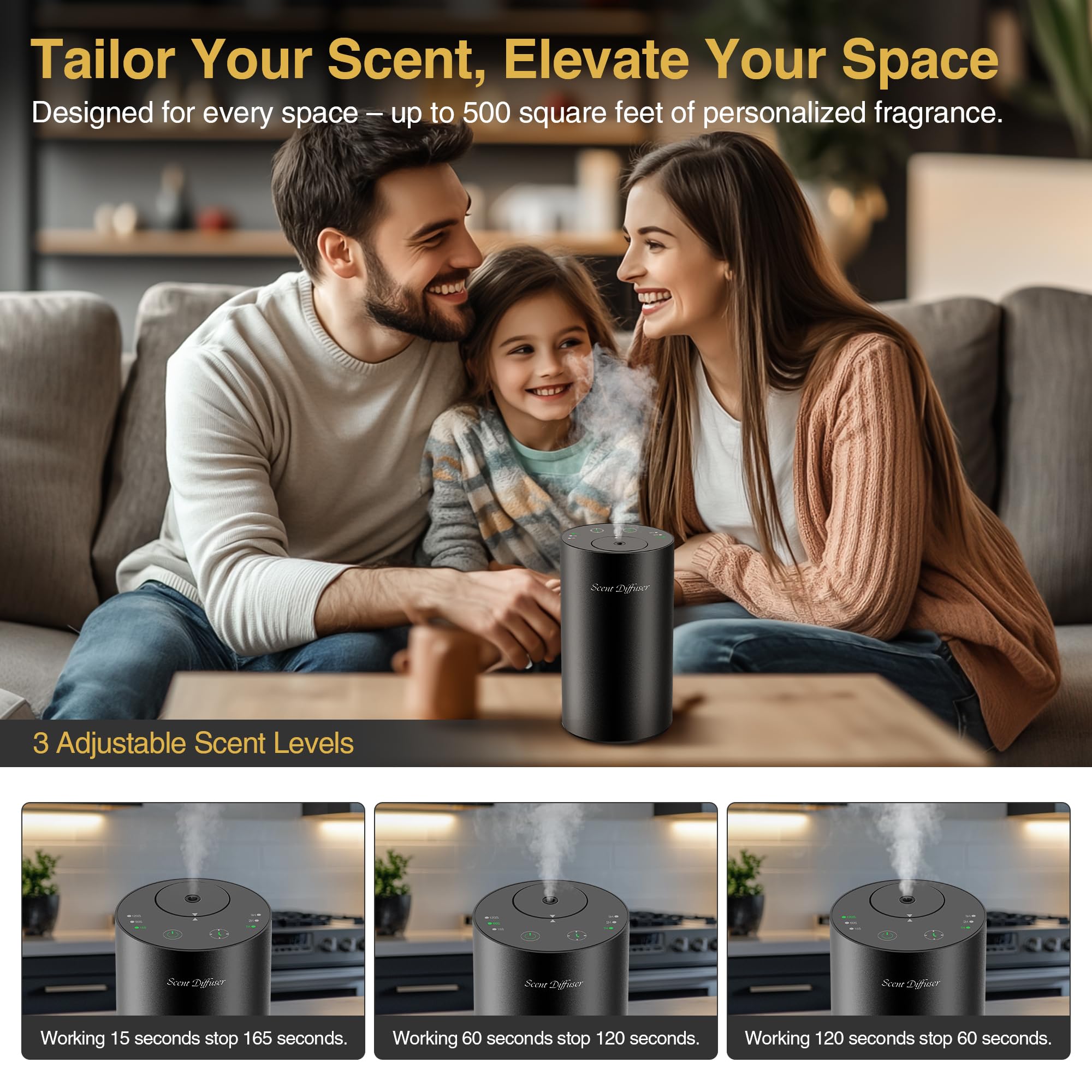 Three 20 ml essential oil bottles included with diffuser
