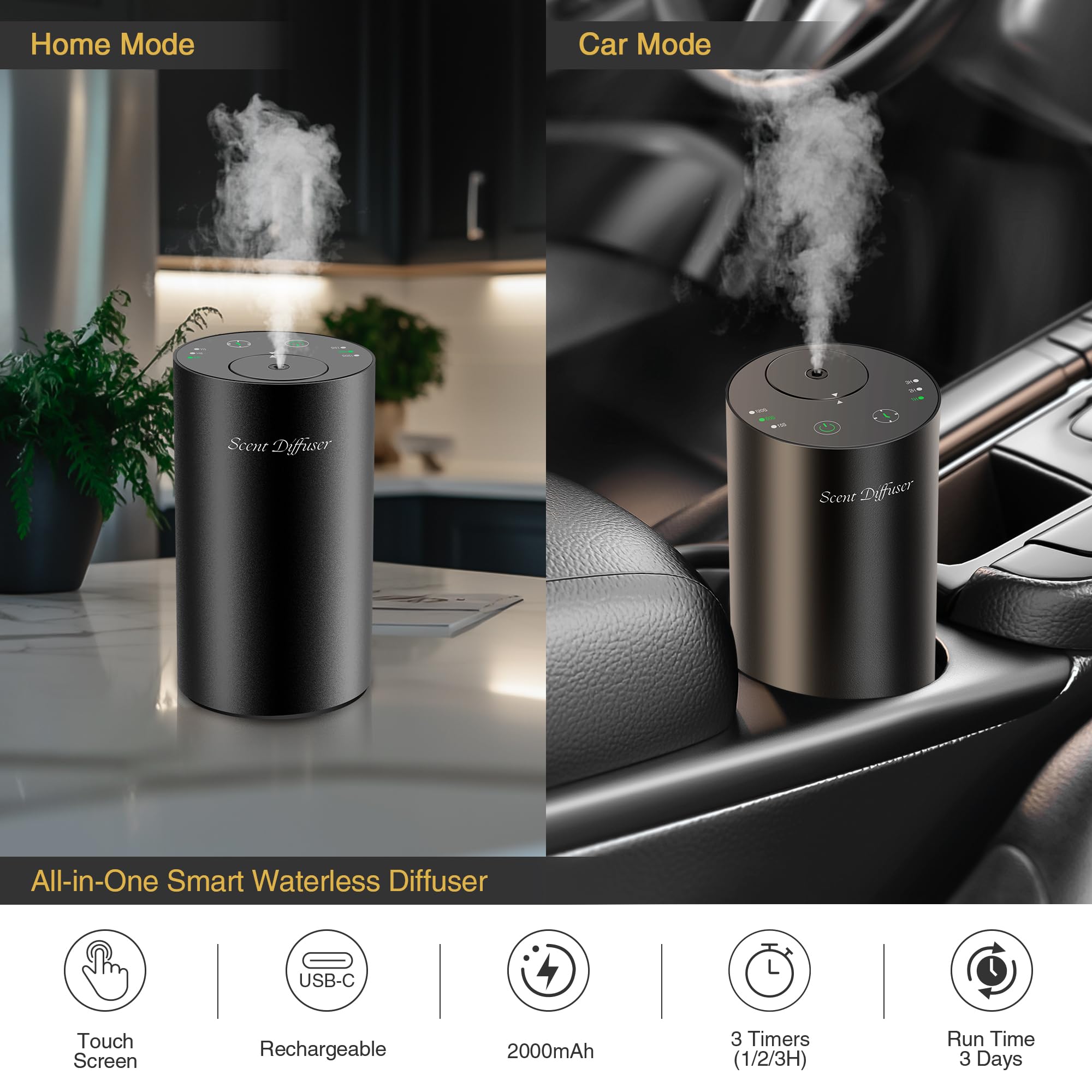 Diffuser showing three mist intensity levels