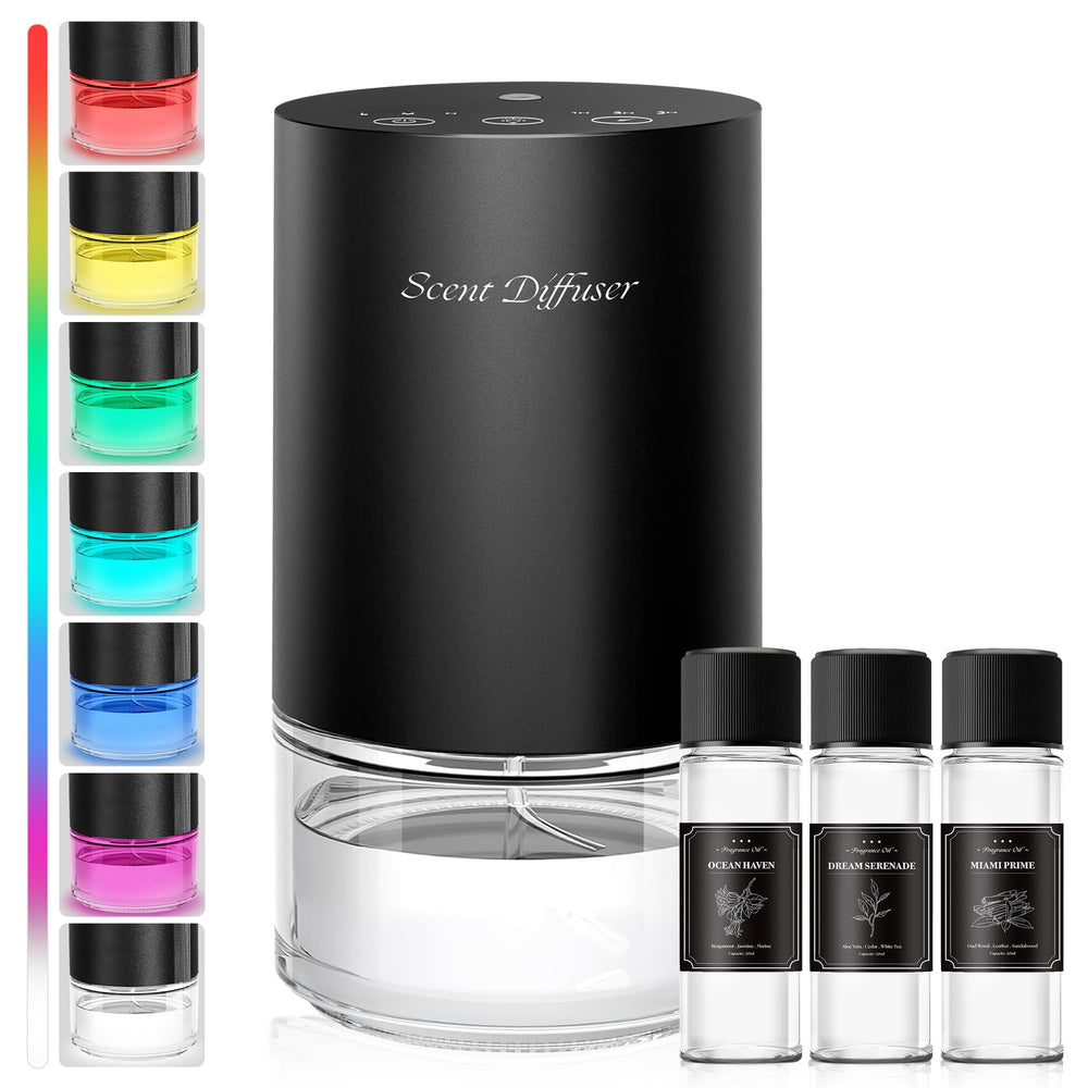 Waterless essential oil diffuser starter kit in black aluminum finish with 7-color ambient light