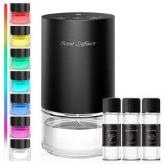 Waterless essential oil diffuser starter kit in black aluminum finish with 7-color ambient light