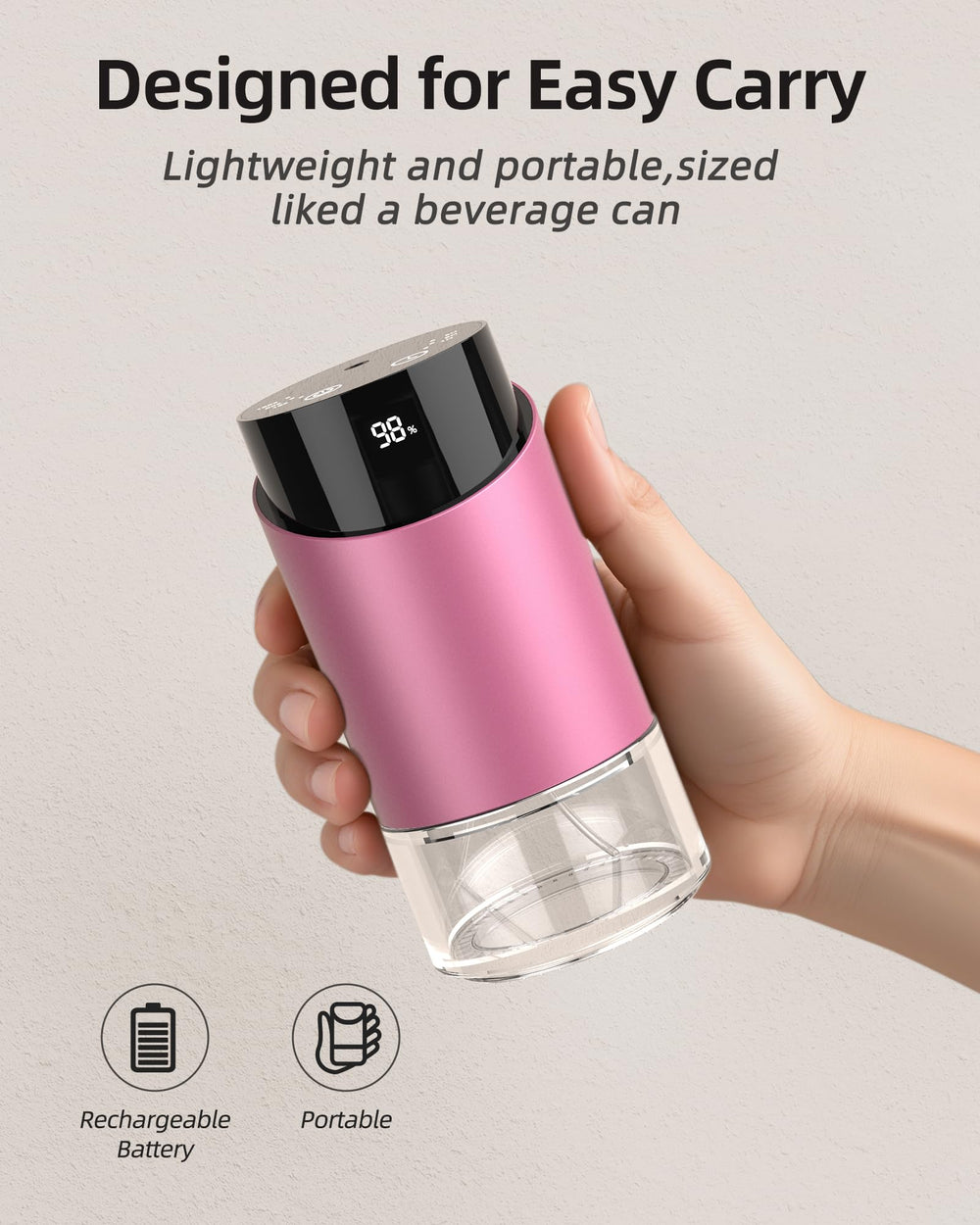 Large 100ml glass reservoir with spill-protection feature