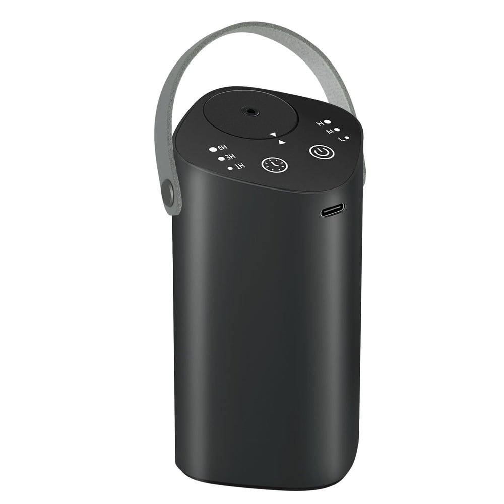 Waterless essential oil diffuser with handle in black, front view