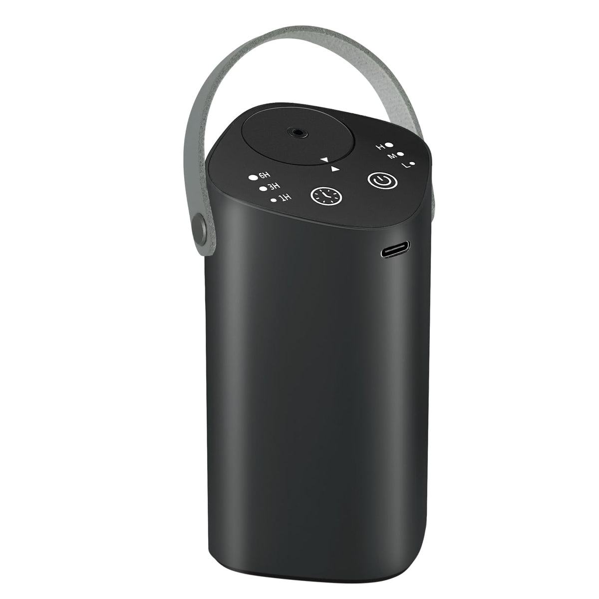 Waterless essential oil diffuser with handle in black, front view