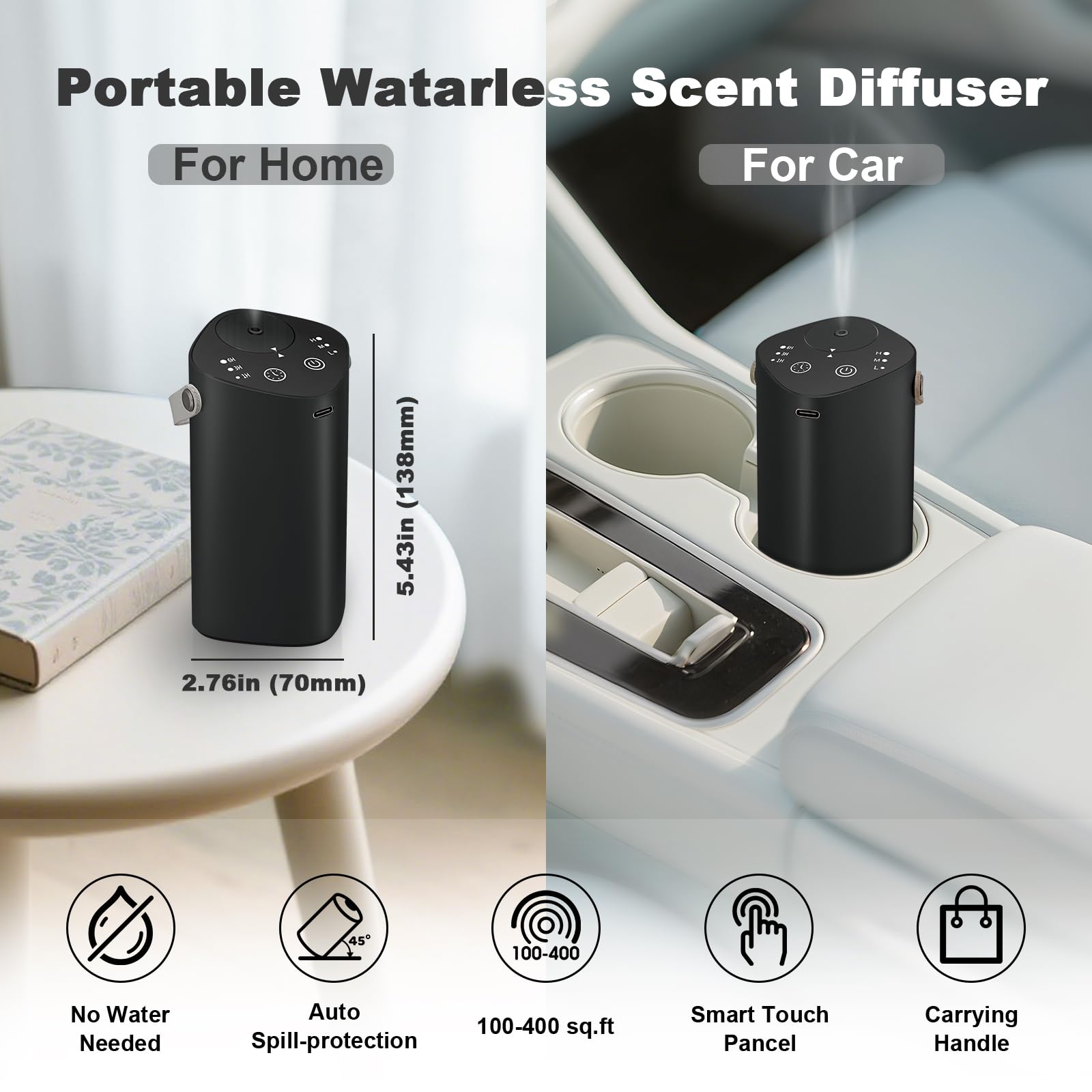 Rechargeable waterless diffuser showing 2000mAh battery and USB charging port