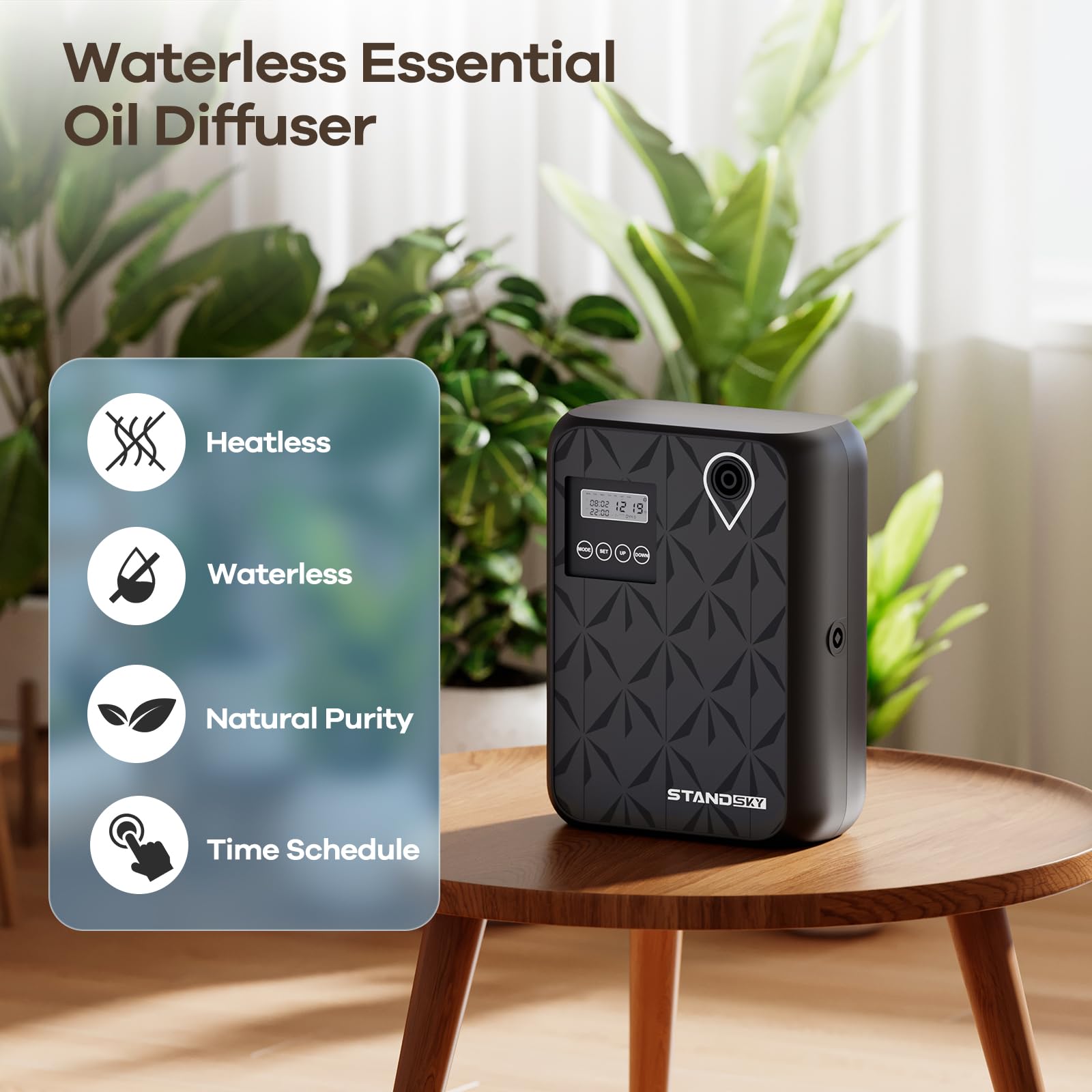 Front view of the black waterless diffuser in a home setting