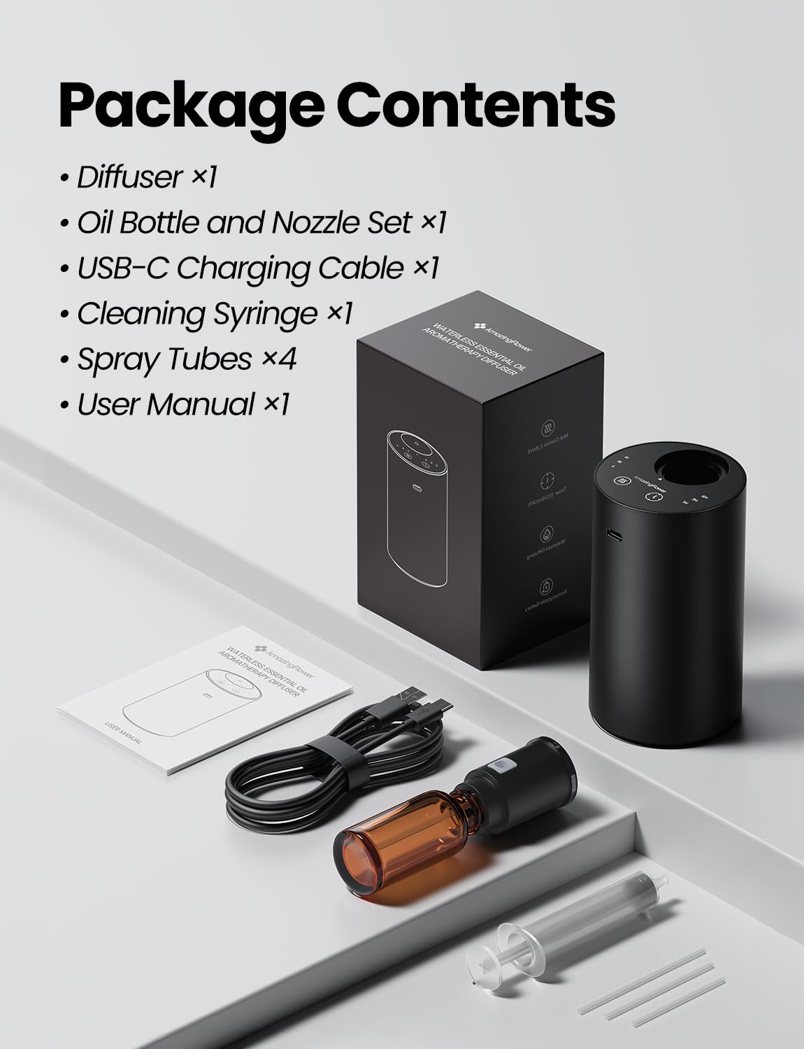 Packaging and included accessories for Waterless Diffuser