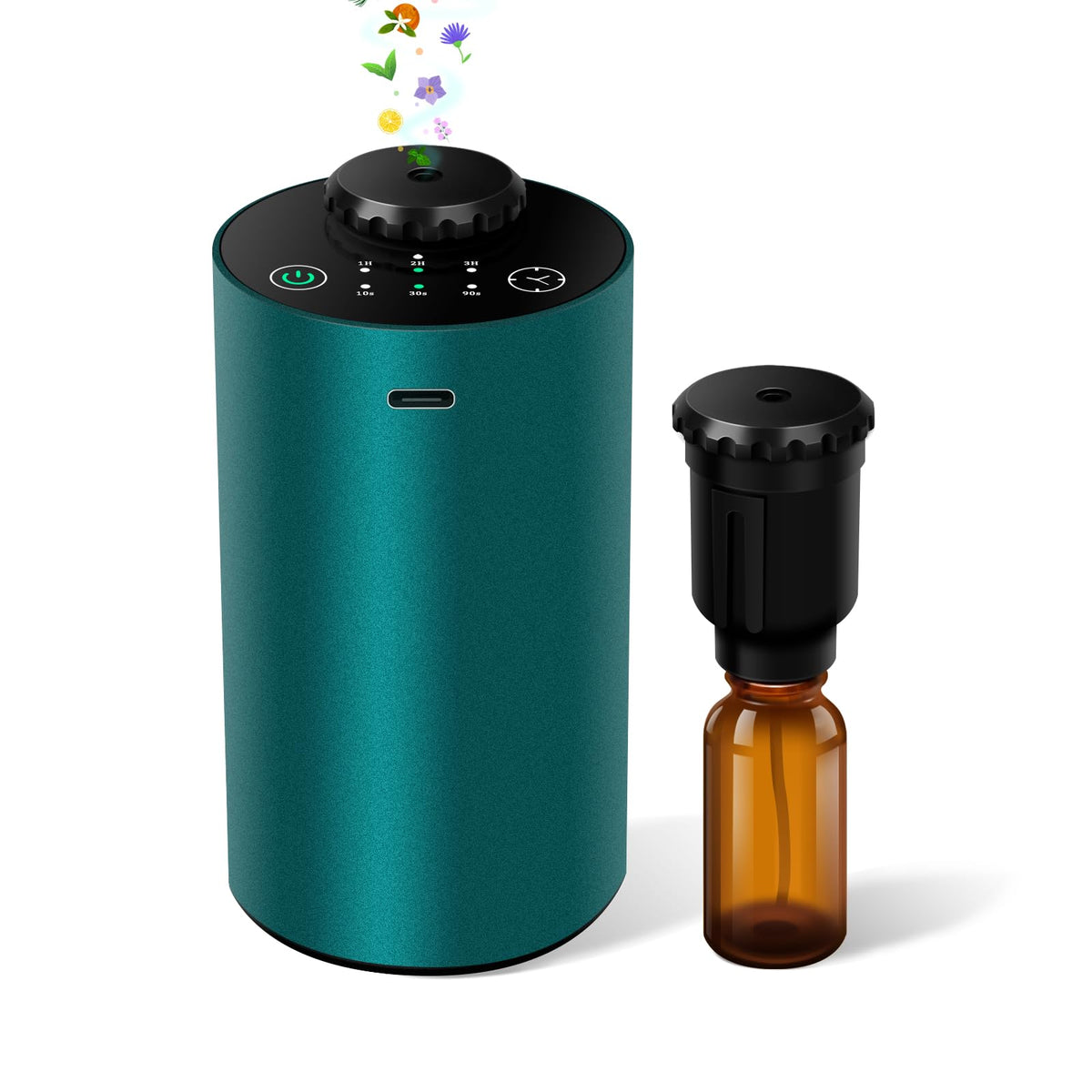 Waterless essential oil diffuser in green aluminum body on a desk