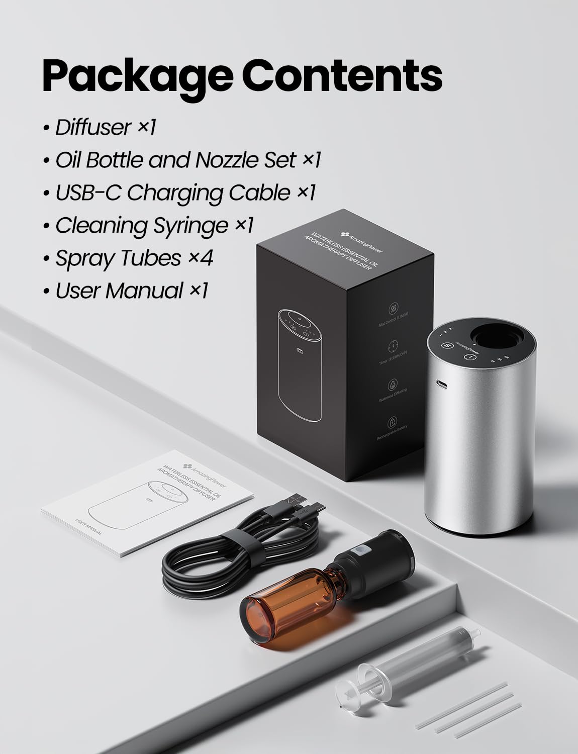 Product packaging box with diffuser and accessories