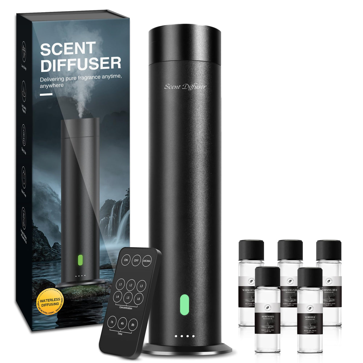 Front view of Waterless Scent Diffuser Starter Kit in black, 11.3 inches