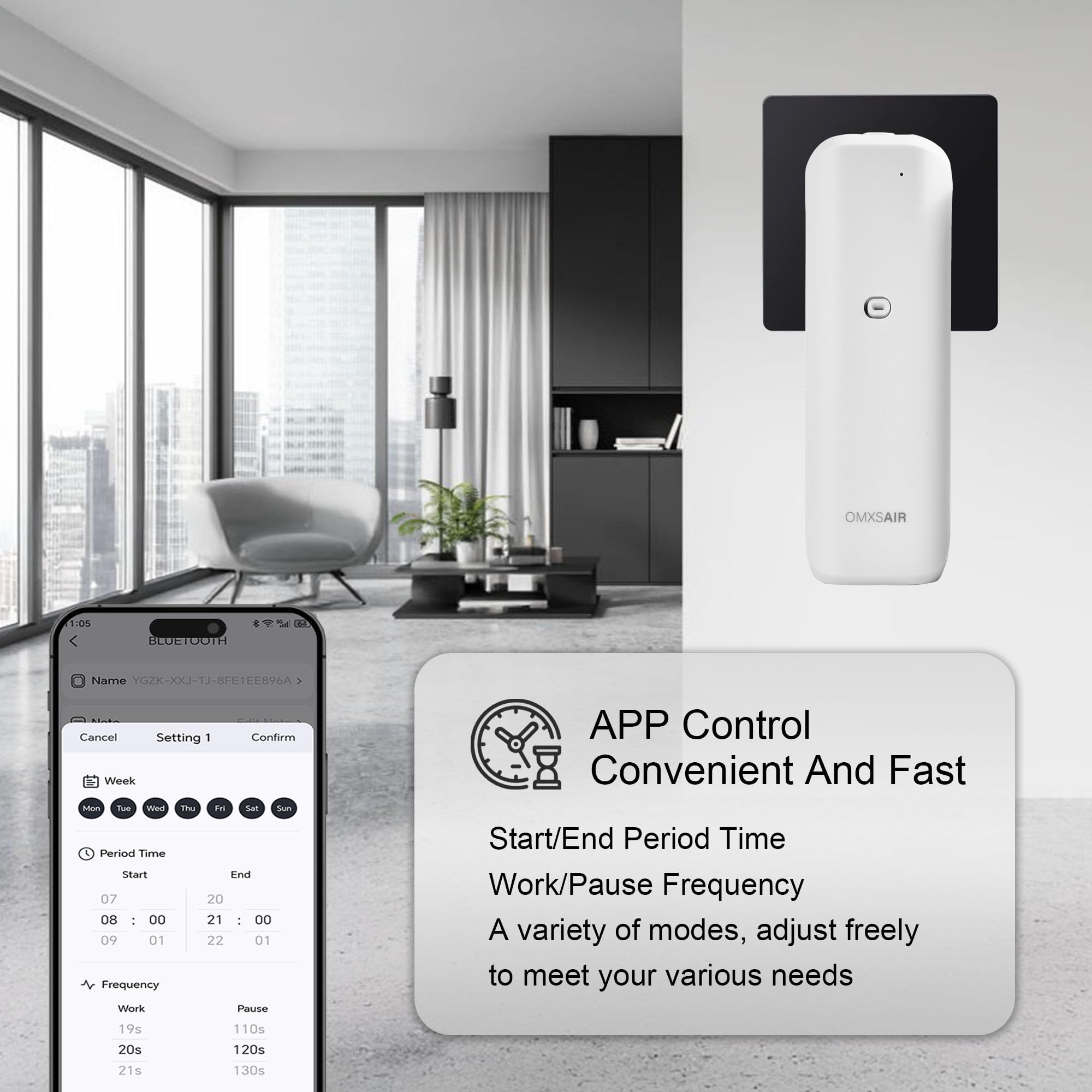 Diffuser mounted on wall with Bluetooth app control on phone