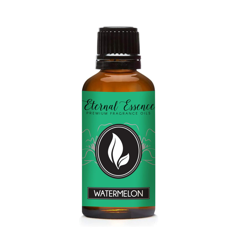 Watermelon fragrance oil in a 30ml amber glass bottle with dropper cap