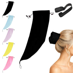 Waterproof Hair Sleeve with crown cap protects long hair in black during shower.