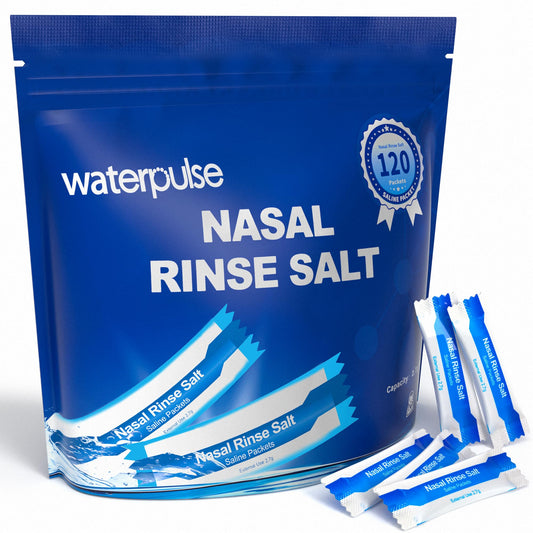 Waterpulse 120 saline packets packaging for easy nasal irrigation.