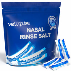 Waterpulse 120 saline packets packaging for easy nasal irrigation.