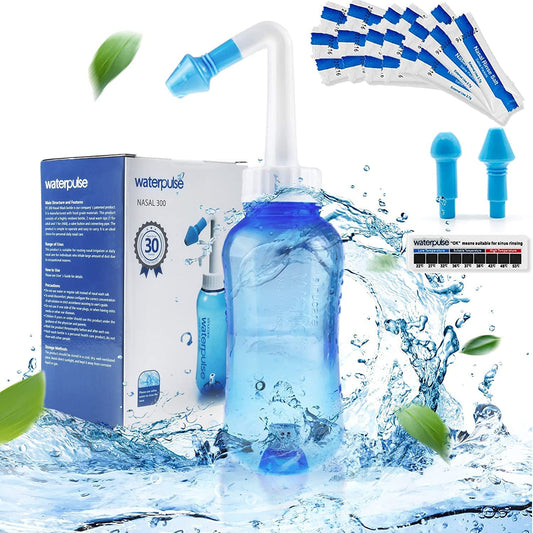 Waterpulse Neti Pot blue bottle front view highlights ergonomic squeeze for nasal rinsing.