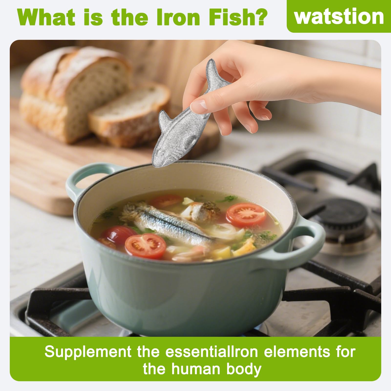 Watstion iron fish added to soup pot with lemon and vinega