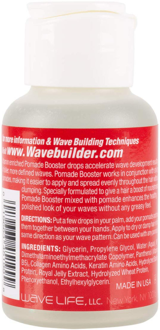 WAVEBUILDER Pomade Booster Drops closeup shows precise application for customized hold