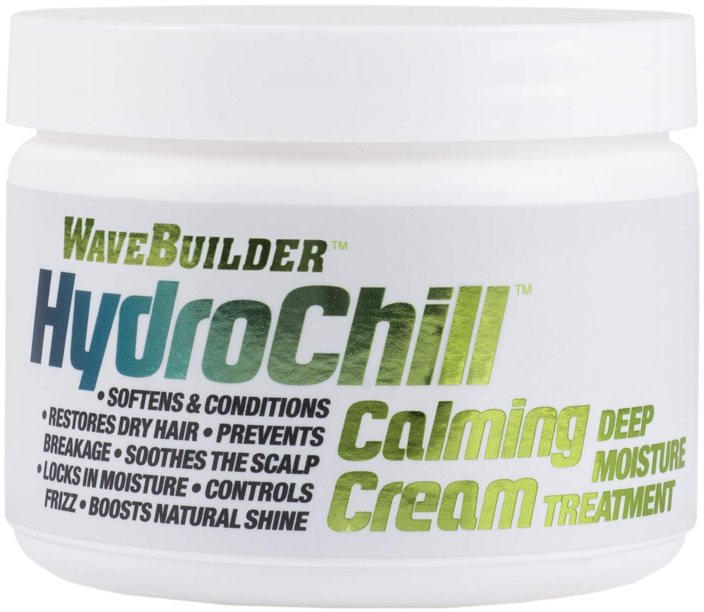 Wavebuilder Hydrochill Calming Cream bottle ready for daily wave routine, smooths and nourishes hair.