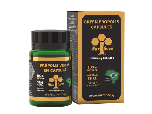 4 packs of Wax Green Bee Propolis 500mg (60 capsules) packaging