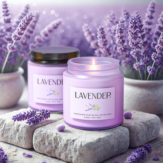 Two lavender scented soy candles in a simple gift set