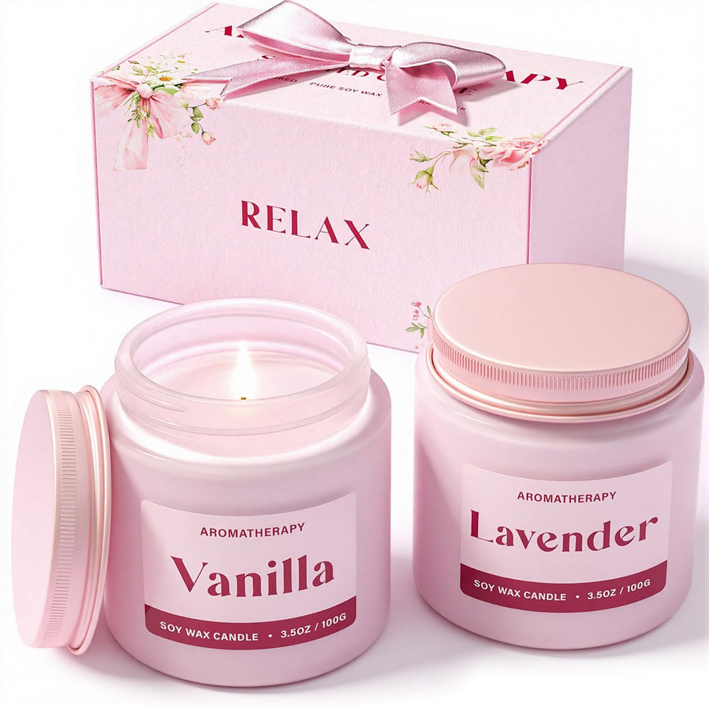 Waxcanpy lavender and vanilla soy candles in pink jars front view