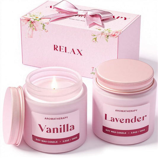 Waxcanpy lavender and vanilla soy candles in pink jars front view