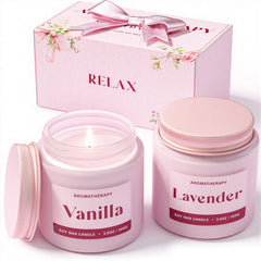 Waxcanpy lavender and vanilla soy candles in pink jars front view