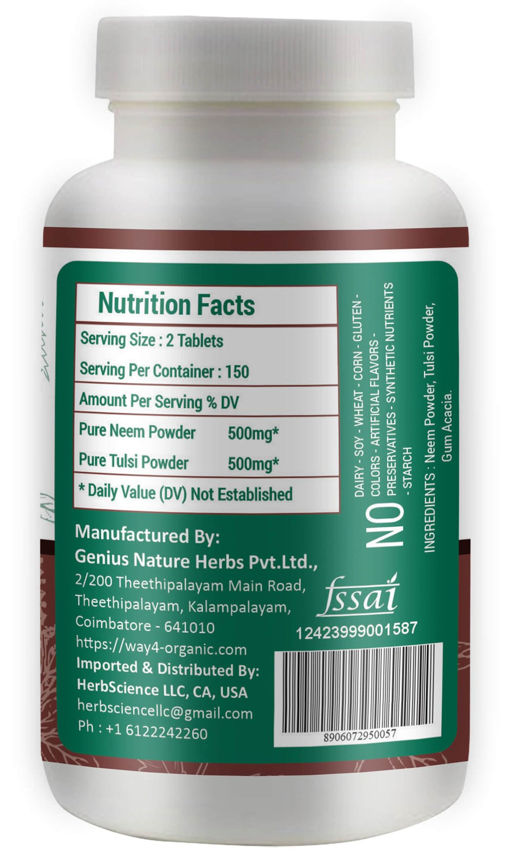 Close-up of 500 mg Neem Tulsi tablets
