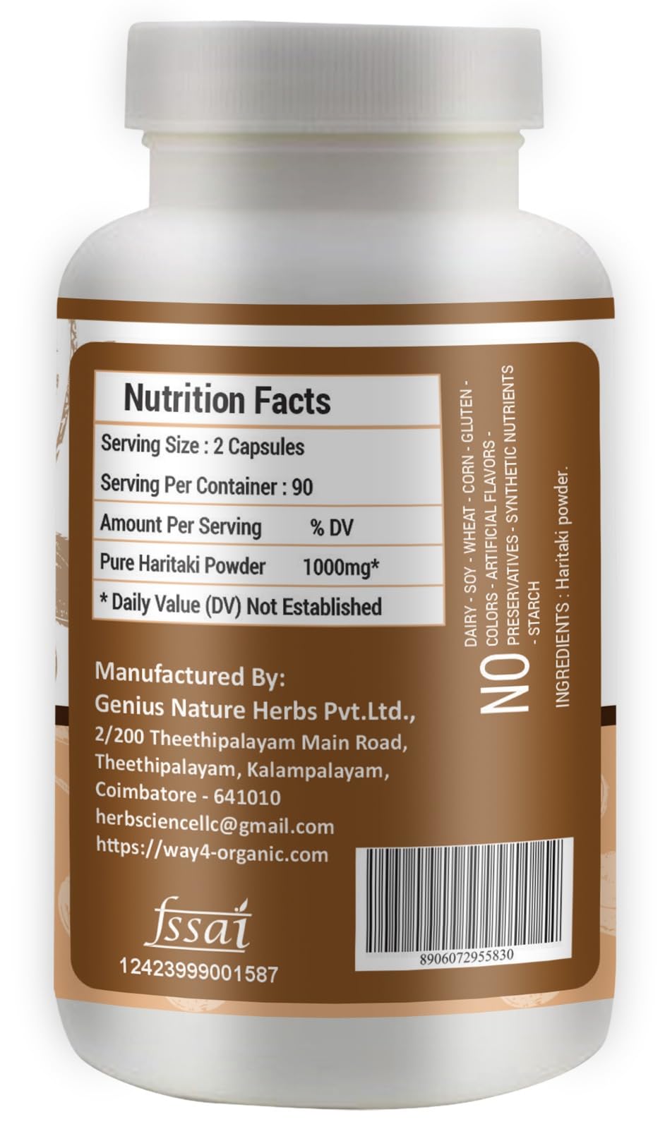 Vegan Haritaki capsules made from 100% HPMC vegetable cellulose
